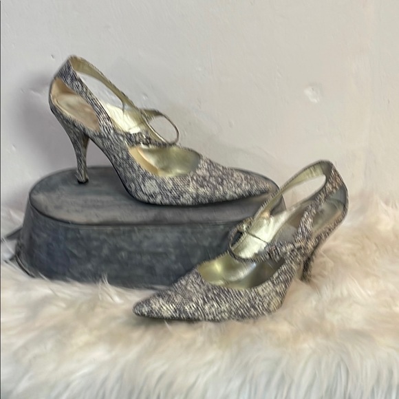 Nine West Shoes - #0177 Nine West Cream &  Gray Snakeskin Heels w/ Open Side & Mary Jane Strap-6